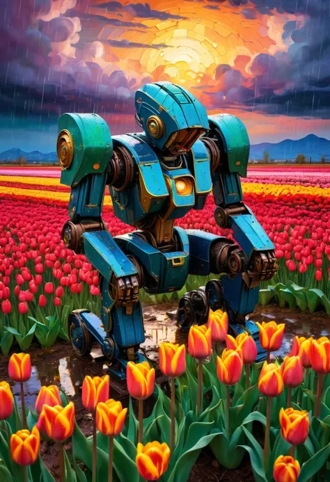 Abandoned kneeling Mech crying in tulip field, sunset and rain shower merge, vibrant colors, intricate abandoned kneeling Mech crying, blooming flowers, ultrahigh definition, 3D depth, inspired by Vincent van Gogh, Pierre-Auguste Renoir, Gustav Klimt