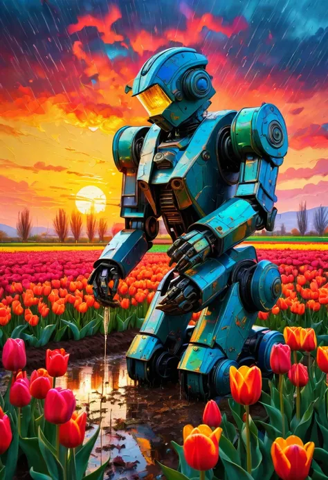 Abandoned kneeling Mech crying in tulip field, sunset and rain shower merge, vibrant colors, intricate abandoned kneeling Mech crying, blooming flowers, ultrahigh definition, 3D depth, inspired by Vincent van Gogh, Pierre-Auguste Renoir, Gustav Klimt