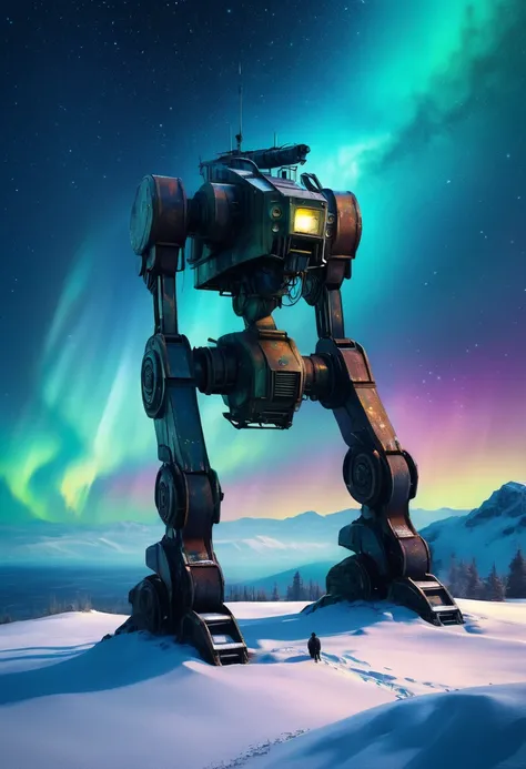 Abandoned kneeling Mech crying on hilltop, aurora borealis and snowstorm merge, ethereal atmosphere, textured abandoned kneeling Mech crying, starry night sky, ultrahigh definition, 3D depth, inspired by Ivan Aivazovsky, Edvard Munch, Salvador Dali