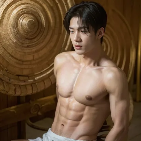 Mind control , (masterpiece, ultra quality, high resolution, 8k, intricate: 1.2), (detailed face:1.2), handsome, Young Korean man ,white skin, double eyelids , detailed skin, 1boy, ((realistic)), abs, good lighting quality, muscle veins, ((pale skin)), (dr...