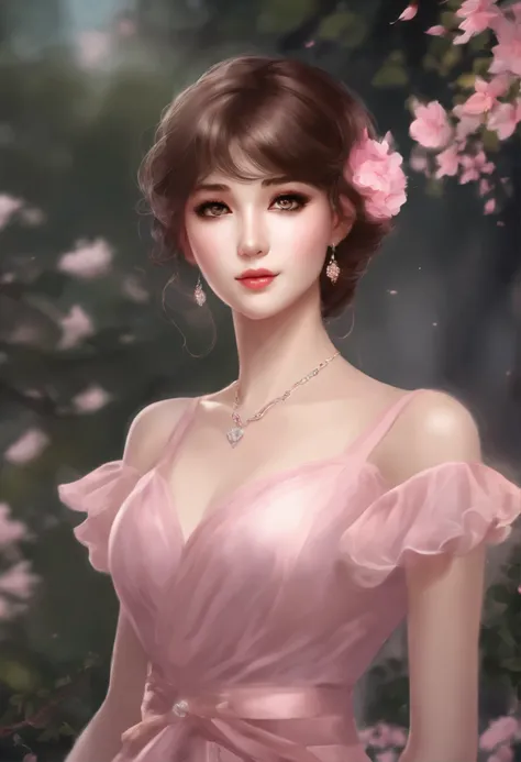 Draw a beautiful girl, white skin, sleepy violet eyes, short brown hair with a pink tint at the bottom, pink lips. Draw her standing at an elegant party, with an elegant black dress with a slight cleavage. Do not forget the Japanese anime drawing style and...