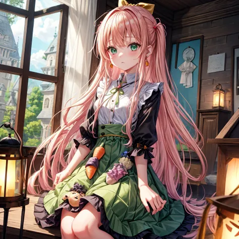 pink blonde、green eyes、one good looking girl、solo、anime、plaid mini skirt、the skirt has buttons、black camisole、black t-shirt、dress、wearing a ribbon、ribbon at waist、cloak、hood、clouds are swirling、stone slabs are piled up、one hand raised、crystal earrings、vege...