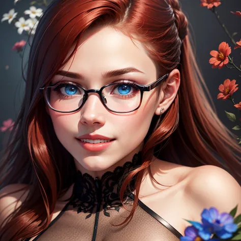 create banner with background with blue flowers, with realistic female human face with brown to black skin, blue eyes, thick and well-defined eyeblue, upturned nose, from the region of Brazil. long dark red hair, red lipstick, full lips, smile, full lips.
...