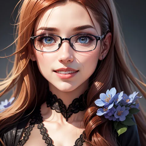 create banner with background with blue flowers, with realistic female human face with brown to black skin, blue eyes, thick and well-defined eyeblue, upturned nose, from the region of Brazil. long dark red hair, red lipstick, full lips, smile, full lips.
...