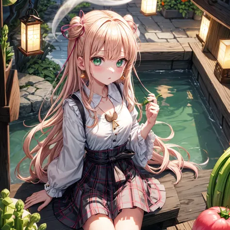 pink blonde、green eyes、one good looking girl、solo、anime、plaid mini skirt、the skirt has buttons、black camisole、black t-shirt、dress、wearing a ribbon、ribbon at waist、cloak、hood、clouds are swirling、stone slabs are piled up、one hand raised、crystal earrings、vege...