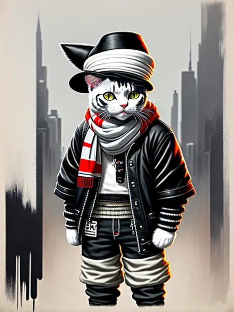 Painting depicting a white black cat in a hat and scarf, Popular at the art station, dressed in punk clothes, Detailed hyper-realistic rendering, british gang member, Street style, intimidating pose, planet of cats, Clothes with fashion, urban samurai, meo...