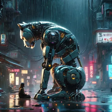 High Resolution, High Quality, Masterpiece. hyperrealism, surrealism. An hotorealistic art in the style of an artstation . Fantasy on the theme of Hachiko- cybernetic mechanism, mecha-dog, As in the movie, waiting for the owner. Reflective raindrops. Pitif...