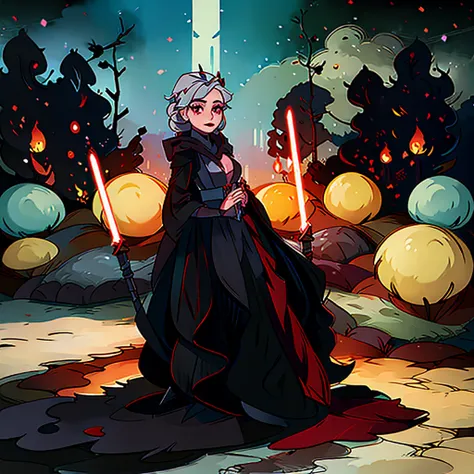 Elsa princess from Frozen dressed in a black Sith robe and holding a red Star Wars-style lightsaber in her hands, with the clone army in the background