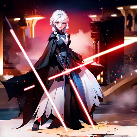 Elsa princess from Frozen dressed in a black Sith robe and holding a red Star Wars-style lightsaber in her hands, with the clone army in the background