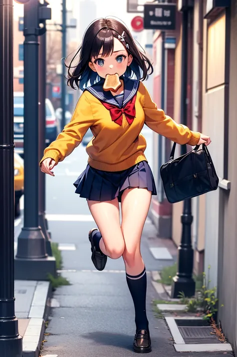 masterpiece, best quality, a girl, serafuku, blue bow, pleated skirt, blue socks, loafers, city street, running, toast in mouth,