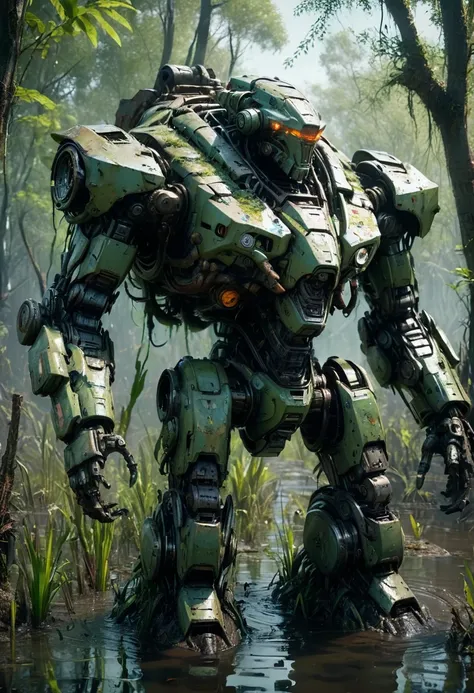 Abandoned Mech, half body Trapped in swamp, Immersion in water, broken, (best quality, masterpiece, Representative work, official art, Professional, Ultra intricate detailed, 8k:1.3)