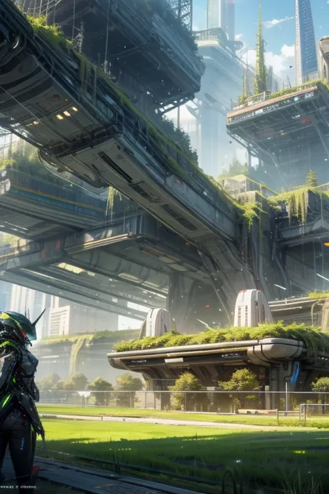 A complex grass Structure in a futuristic city