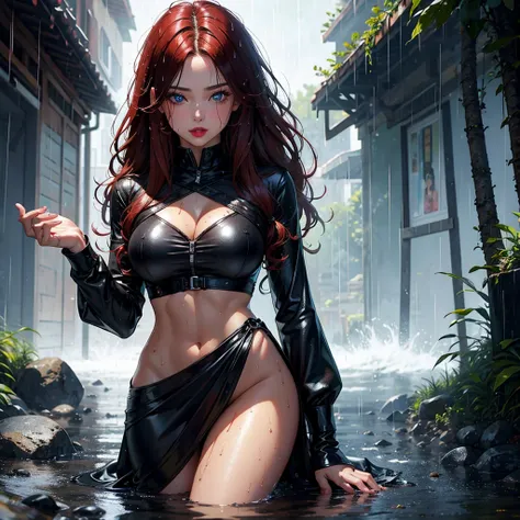 (Best quality, 4K, tmasterpiece :1.Beutiful women, 1 Sister, (, attractive body :1.2), Abs :1.1, dark red hair: 1.1, (rainy wet, wet from rain, Soaked :1.2), long hair, messy hair, The face very detailed, detailed lips, red lips,detailed eyes,  blue eyes, ...