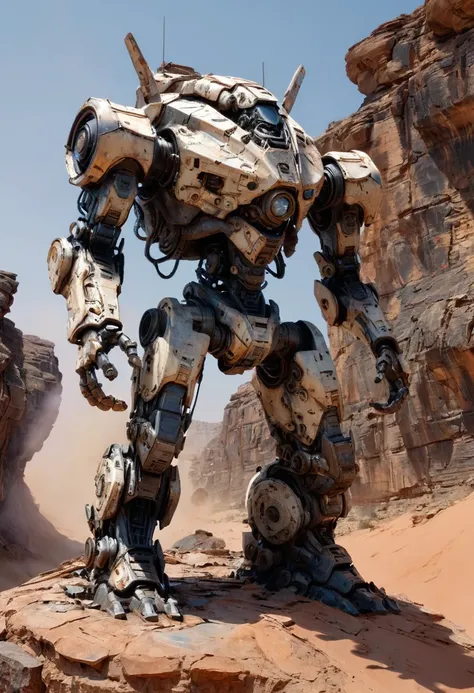 sculpture of Abandoned Mech on huge rock, Desert Canyon, broken, sandstorms, dust, (best quality, masterpiece, Representative work, official art, Professional, Ultra intricate detailed, 8k:1.3)