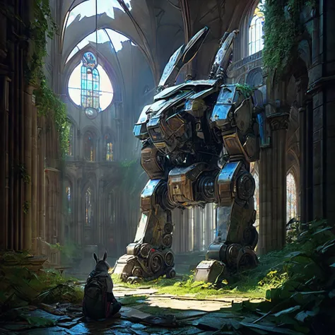 abandoned mech, aesthetic, extremely detailed, eye catching, drab, abandoned cathedral ruin, broken stained glass on the floor. ...