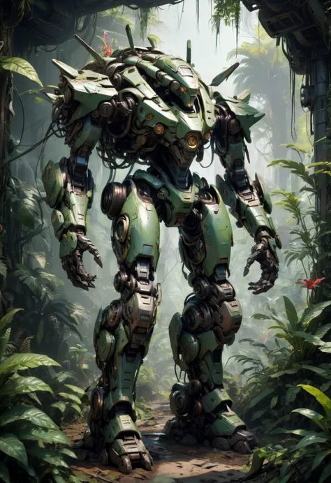 abandoned mech, many plants entangle mech body, jungle, (best quality, masterpiece, representative work, official art, professio...