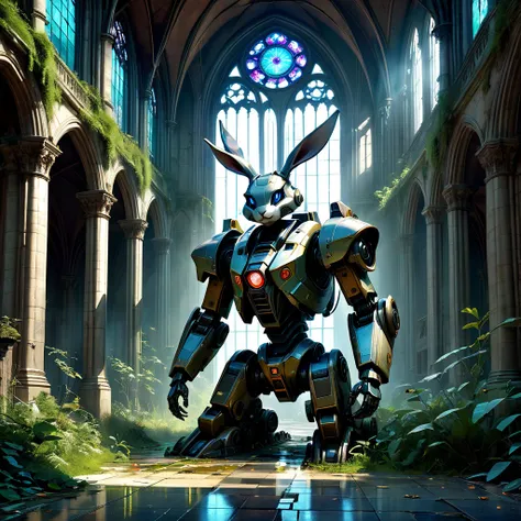 Abandoned Mech, aesthetic, extremely detailed, eye catching, drab, abandoned cathedral ruin, broken stained glass on the floor. Overgrown, city ruins, deer in the courtyard, a breathtaking artwork by Jean Baptiste Monge, Andree Wallin, Thomas Kincade, Geof...