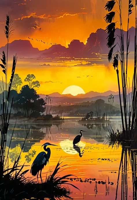 sunset on the lake, impressionism, bright and vibrant colors, reflections, golden reed reflections, silhouettes of herons, drama...