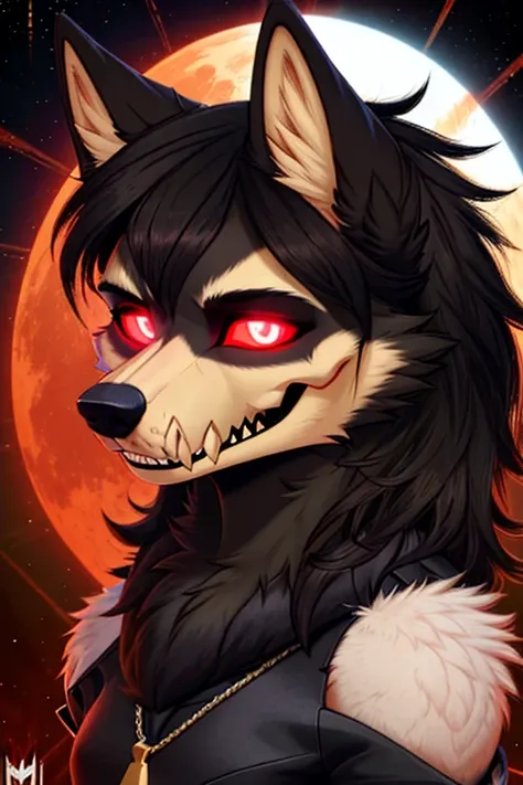 ((best quality)), ((Meisterwerk)), (detailliert), Furry, skull dog species, wolf, ((half of the head is a visible skull without flesh)), black fur, glowing eyes, Portrait, fursona, oc