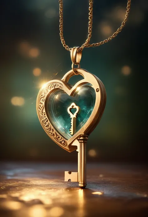 surreal necklace, imagining a key pulled out from the vertex of the heart, lost in thought, soul in it, unreal, sharpened edges,...