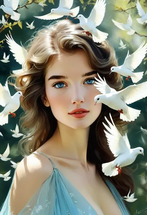 Close up of an Extremely beautiful woman surrounded by white doves, light blue dress, nature background, perfect natural light, perfect face, perfect eyes, glamorous, gorgeous, delicate, romantic, Harrison Fisher, Carne Griffiths, abstract art