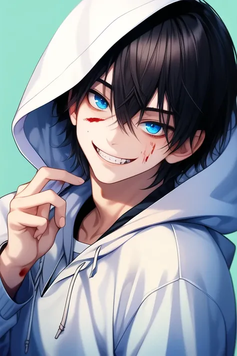 1boy, Jeff the killer, black hair, male, blue eyes, white hoodie, wide bloody smile