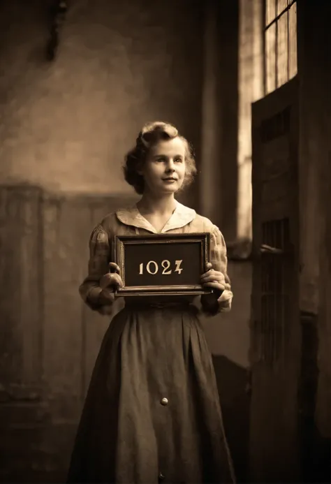 Convict from England in the 1950s, holding a sign with her prisoner number, historic prison, vintage film effect, nostalgic sepia tones, soft lighting, faded memories, old family photos, treasured moments, delicate details, aged texture, Dream atmosphere, ...