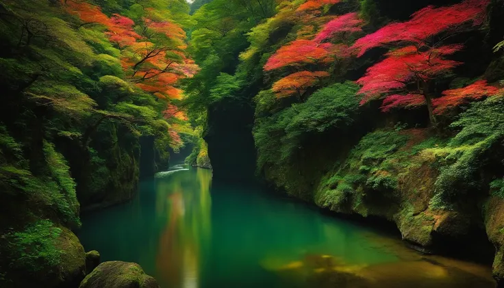 japanese landscape、Takachiho Gorge in Kyushu、vivid、distinct、