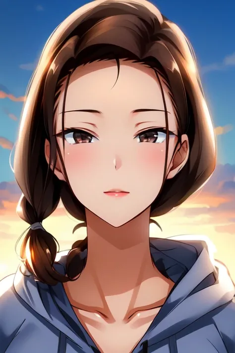 ((highest quality)), ((masterpiece)), (be familiar with), perfect face, 1girl, brown hair, ponytail, dark brown eyes, gray hoodie