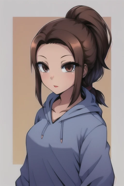 ((highest quality)), ((masterpiece)), (be familiar with), perfect face, 1girl, brown hair, ponytail, dark brown eyes, gray hoodie