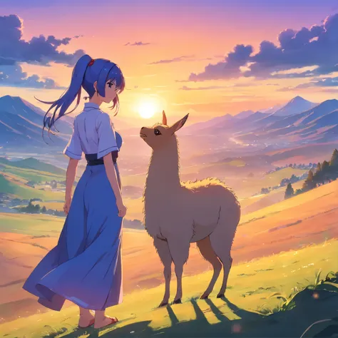 Masterpiece, Best quality, Sunset, sky, hilltop, steams, gaming console_CG, Science_fiction, Monster, Orc symbaroum, Double Bun, Shiny hair, multicolored hair, Pupil of the slit , sexy dress, very big breasts, very big ass, posing with a llama