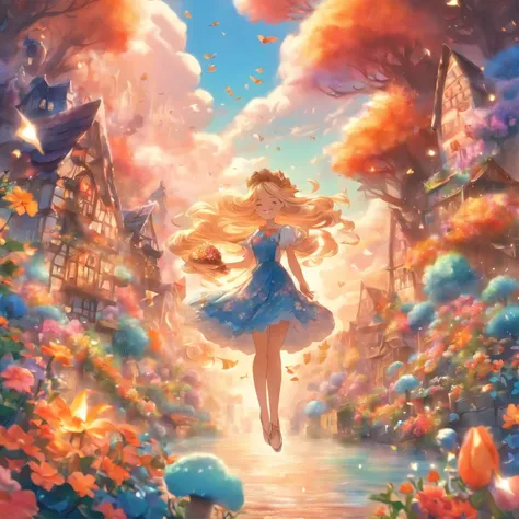 Illustration einer Frau, die in einer magischen Welt ein Haus aus Eis isst. hyperscharfes Bild, Ultradetailliert, 

Schauplatz der Illustration ist eine magische Welt aus Eis. It&#39;s a beautiful world, where magical cloud-shaped clouds float in the sky a...