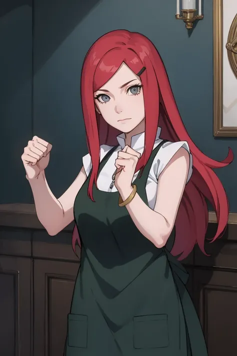 {-erro_de_anatomia:1.0} kushina, kushina, long hair, hair ornament, red hair, red head, hairclip, (grey eyes:1.5), BREAK shirt, dress, jewelry, white shirt, short sleeves, apron, bracelet, green apron, collar, BREAK looking at viewer, upper body, full body...