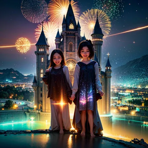 (best quality,4k,8k,highres,masterpiece:1.2),ultra-detailed,(realistic,photorealistic,photo-realistic:1.37),Disney Land at night,sparkling and colorful fireworks in the sky,beautifully illuminated castle in the center,a magical atmosphere all around,joyful...