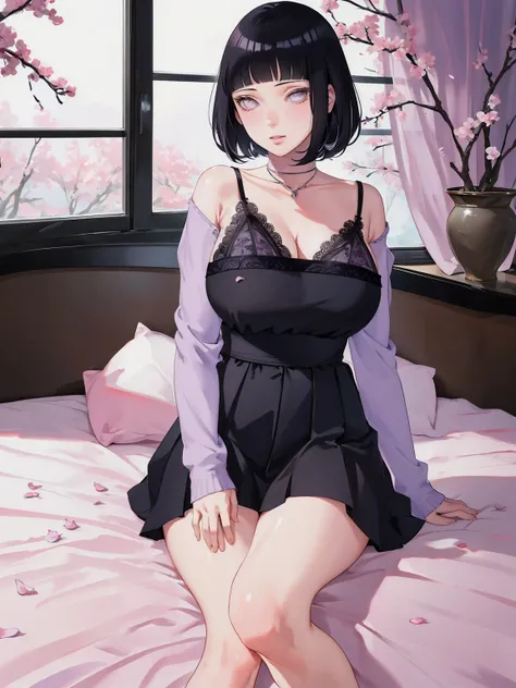 { - anatomy error} (Masterpiece - Ultra-detailed, very high resolution) (huge titusty, masterpiece, absurdres, hinata(boruto), 1girl, solo,mature female, off-shoulder bra, high waist black short skirt, looking at viewelling petals), perfect composition, de...