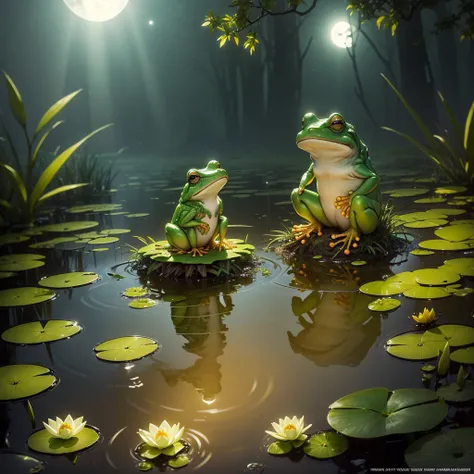 (Tyndall Effect) A frog sitting on a lily pad catching bugs, swamp by moonlight