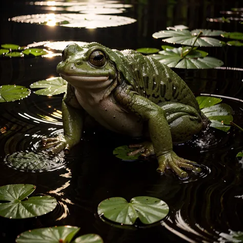 (Tyndall Effect) A frog sitting on a lily pad catching bugs, swamp by moonlight