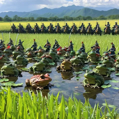 (Tyndall Effect) Toad Samurai warriors meet on the field of battle for an honor duel in Toad feudal Japan, their armies soldiers bellow and croak in support