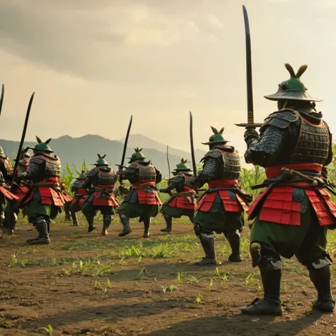 (Tyndall Effect) Toad Samurai warriors meet on the field of battle for an honor duel in Toad feudal Japan, their armies soldiers bellow and croak in support