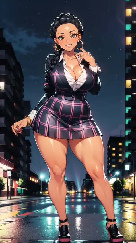 4K Quality, grinning, (sexy pose), ((full body black plaid skirt)) standing up, ((black braids)), dark skinned, thick thighs, big breasted, big ass, looking at viewer, ((amber eyes)), ((night time)), ((bedroom eyes)), full body, (city background), (after t...