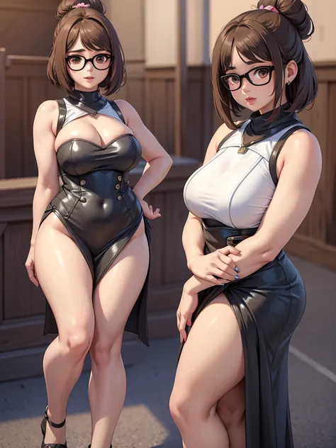 best quality,masterpiece,detailed,16k,8k,(fullbody shot), realistic hands, MeiOver, 1girl, black-framed eyewear, brown hair, glasses, solo, brown eyes, hair ornament, hair bun, short hair, single hair bun, hair stick, full body, lips, bangs, black turtle n...