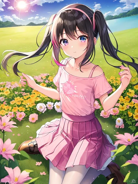 1 girl, solo, masterpiece, highres, ultra details, CG quality, (cute :1.3), (underaged:1.2), full body, (black hair:1.5), dark eyes, high quality eyes, high quality hands, (pigtails:1.3), short hair, (hairband:1.3), (flat chest:1.4), (pink T-shirt with a s...