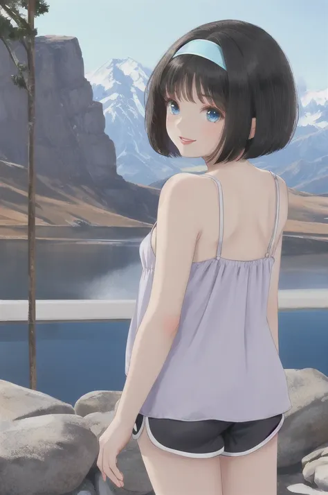 (camisole), shorts, mountain, outdoors, smile, lips, bob cut, hairband, black hair, blue eyes, from behind, looking back