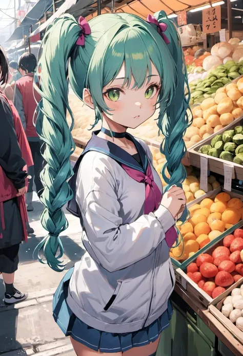 1girl, solo,  cat, split-color, long, twintails hair, hair, market