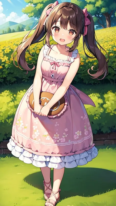 1girl, brown hair, brown eyes, blush, , frilled dress, frills, pink dress, sleeveless, sleeveless dress, bare shoulders, blush, dress, print dress, floral print, hair ribbon, pink ribbon, twintails, sandals, pink footwear, open mouth, smile, solo, looking ...