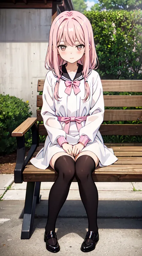 (((A pink-haired cute girl)))，Sit on a bench，Soaked white long dress，Black panty，Blushing and shy