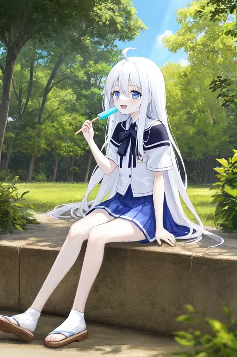 1 girl, solo, best quality, ultra detailed, , (happy:1.4), blue eyes, absurdly long hair, white hair, ahoge, happy, street, sunny, casual clothes, eating popsicle, pale skin, short sleeves, looking away, portrait, trees, sun rays, sun, sitting, straight ha...