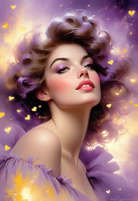 a sense of depth and intrigue, digital brushstrokes, soft lighting,
Close-up of an extremely beautiful woman surrounded by hearts and nebulae, purple and yellow, perfect face, perfect eyes, glamorous, gorgeous, tender, romantic, Harrison Fisher, Carn Griff...