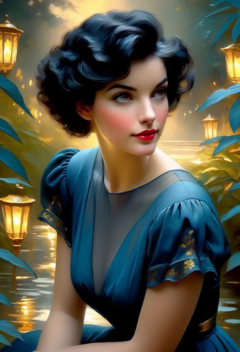 a sense of depth and intrigue, digital brushstrokes, soft lighting,
painting of beautiful modern noir female with short black hair, blue, gold, pretty pose, elegant, garden, dark, in the style of nostalgic paintings, electric dreamscape, 1990s, dreamy vign...