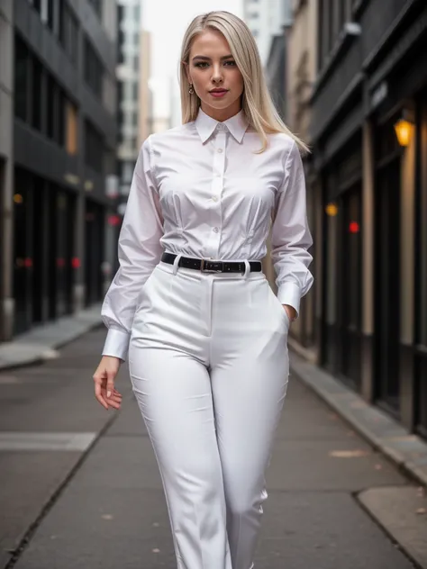 beautiful photograph of a smart looking office lady, solo, outdoors, standing against a midnight city skyline at, street light alleyway wearing a (white collared shirt), fine fabric emphasis, perfectly defined button detailing, (((black high-waisted pants)...